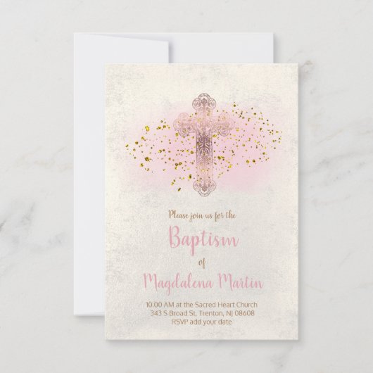 バプテスマフェイクグリッターとピンクの水色 招待状 (正面)