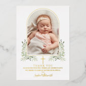 バプテスマフローラアーチフォトゴールドフォイルサンキューカード 箔招待状 (正面)