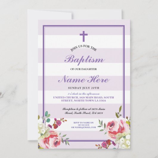 バプテスマフローラパストライプープルガールズ招待状 招待状 (正面)