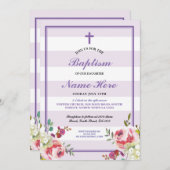 バプテスマフローラパストライプープルガールズ招待状 招待状 (正面/裏面)