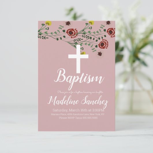 バプテスマフローラヴィンテージ献身《キリスト教》洗礼式や命名式 招待状 (スタンド正面)