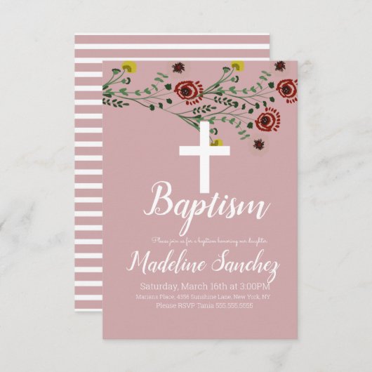 バプテスマフローラヴィンテージ献身《キリスト教》洗礼式や命名式 招待状 (正面/裏面)