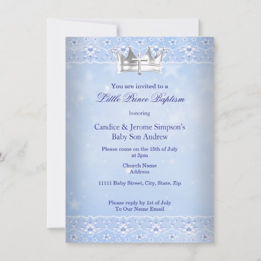 バプテスマベビーボーイブルークラウン写真 招待状 (裏面)