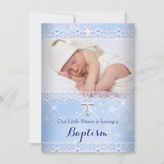 バプテスマベビーボーイブルーレース写真 招待状 (正面)