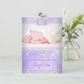 バプテスマベビー写真の女の子の薄紫パープルティアラ 招待状 (スタンド正面)