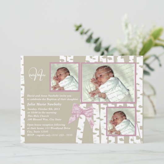 バプテスマベビー樺の木フォトピンク 招待状 (スタンド正面)