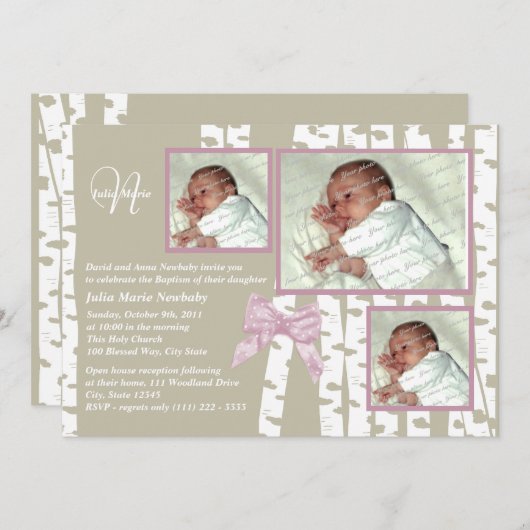バプテスマベビー樺の木フォトピンク 招待状 (正面/裏面)