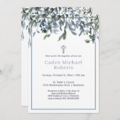 バプテスマモダングリーナリーブルーフラワーズ招待状 招待状 (正面/裏面)