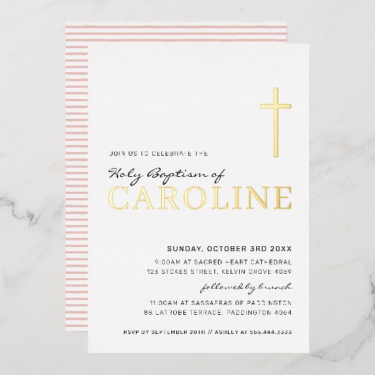 バプテスマモダンスエレガントクロス女子かわいらし金ゴールドピンク 箔招待状 (正面/裏面)