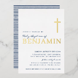 バプテスマモダンスエレガントクロス海軍ブルー金ゴールドフォイルI 箔招待状