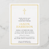 バプテスマモダンスエレガントクロス男の子ベビーブルー 箔招待状 (正面)