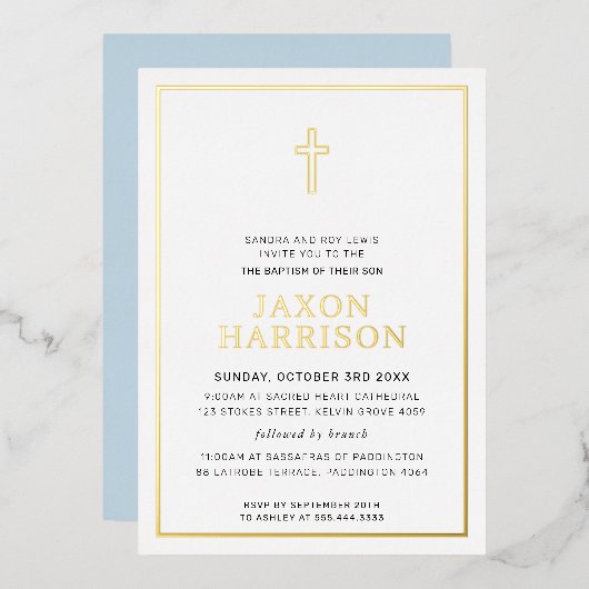 バプテスマモダンスエレガントクロス男の子ベビーブルー 箔招待状 (正面/裏面)