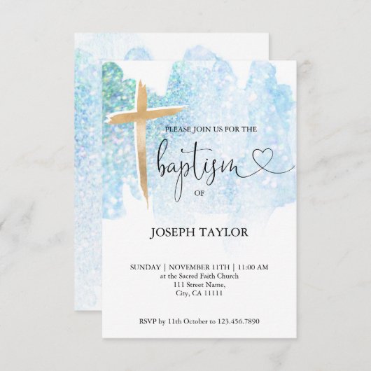 バプテスマモダンブルーウォーターカラークロス《キリスト教》洗礼式や命名式 招待状 (正面/裏面)