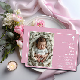 バプテスマモダンホワイトクロスダスティピンク写真 招待状