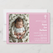 バプテスマモダンホワイトクロスダスティピンク写真 招待状 (正面)