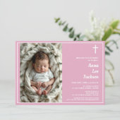バプテスマモダンホワイトクロスダスティピンク写真 招待状 (スタンド正面)