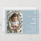 バプテスマモダンホワイトクロスダスティブルー写真 招待状 (正面)