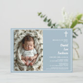 バプテスマモダンホワイトクロスダスティブルー写真 招待状 (スタンド正面)
