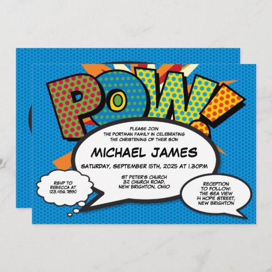 バプテスマモダン《キリスト教》洗礼式や命名式おもしろいブルー漫画 招待状 (正面/裏面)