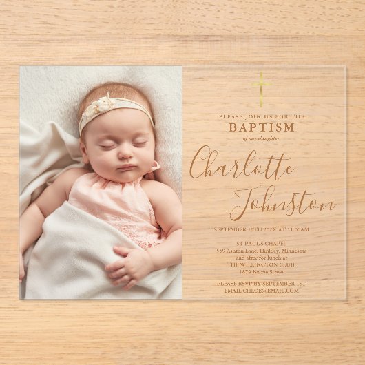 バプテスマモダン《キリスト教》洗礼式や命名式ゴールデンスクリプトフォト アクリル招待状 (正面)