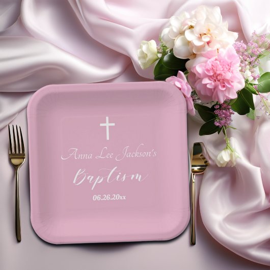 バプテスマモダン《キリスト教》洗礼式や命名式ホワイトクロスダスティピンク ペーパープレート