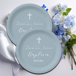 バプテスマモダン《キリスト教》洗礼式や命名式ホワイトクロスダスティブルー ペーパープレート