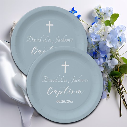 バプテスマモダン《キリスト教》洗礼式や命名式ホワイトクロスダスティブルー ペーパープレート