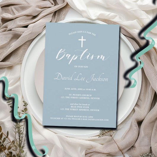 バプテスマモダン《キリスト教》洗礼式や命名式ホワイトクロスダスティブルー 招待状