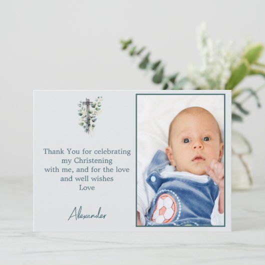 バプテスマモダン《キリスト教》洗礼式や命名式少年サンキューフォト 招待状 (スタンド正面)