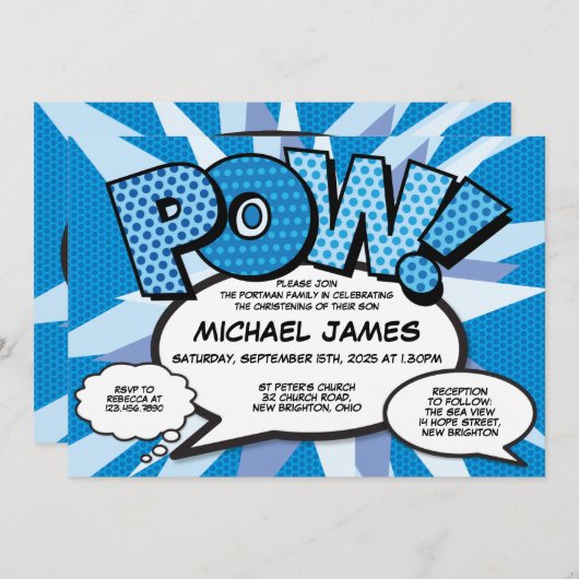 バプテスマモダン《キリスト教》洗礼式や命名式漫画ブックブルー 招待状 (正面/裏面)