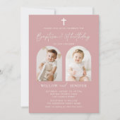 バプテスマモダン&第1誕生日ツインズボーイアンドガール 招待状 (正面)