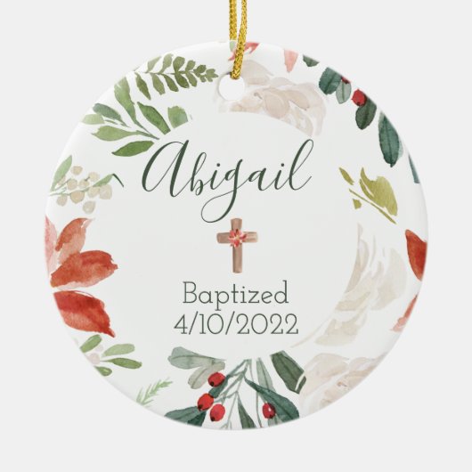 バプテスマ信仰日付クリスマスフローラオーナメント  セラミックオーナメント (正面)