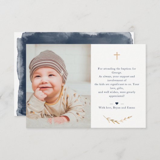 バプテスマ写真サンキューネイビーブルーカード 招待状 (正面/裏面)