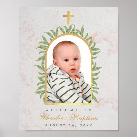 バプテスマ写真フェイク金ゴールドアーチ緑の歓迎 ポスター (正面)