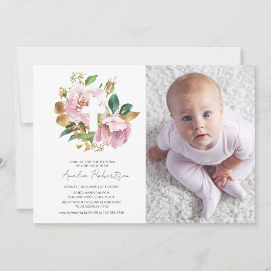 バプテスマ写真フローラガールウォーター色 招待状 (正面)