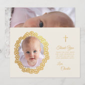 バプテスマ写真フローラリーススクリプトフェイク金ゴールドアイボリー サンキューカード (正面/裏面)