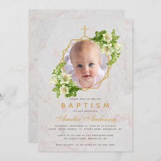 バプテスマ写真フローラ幾何学白ライリズマーブル 招待状 (正面/裏面)