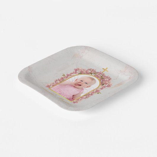 バプテスマ写真フローラ金ゴールドアーチピンクオーキンスマーブル ペーパープレート (傾斜あり)