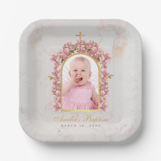 バプテスマ写真フローラ金ゴールドアーチピンクオーキンスマーブル ペーパープレート (正面)