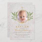 バプテスマ写真植物幾何学葉的な葉 招待状 (正面/裏面)