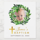 バプテスマ写真植物緑リースフェイク金ゴールド ワインラベル (シングルラベル)