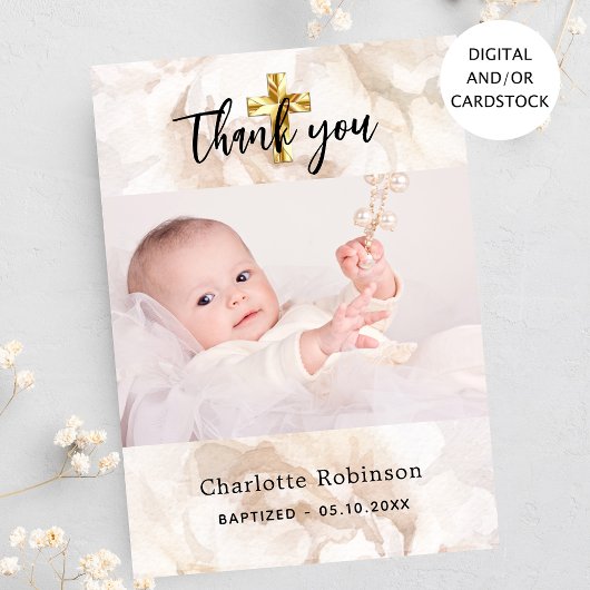 バプテスマ写真白フローラサンキューカード 招待状