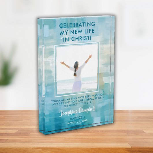 バプテスマ写真記念ギフトクリスチャンモダンブルー フォトブロック