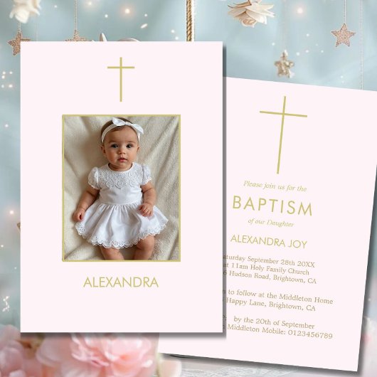 バプテスマ写真金ゴールドピンクの女の子宗教 招待状