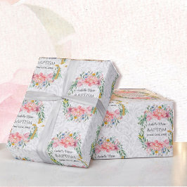 バプテスマ名前と日付クロス鳩の花 ラッピングペーパー