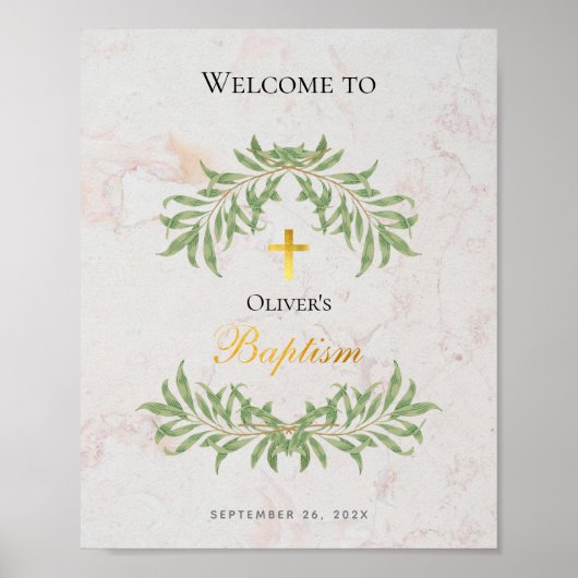 バプテスマ大理石のフェイク葉ゴールドフォイルウェルカムサイン ポスター (正面)