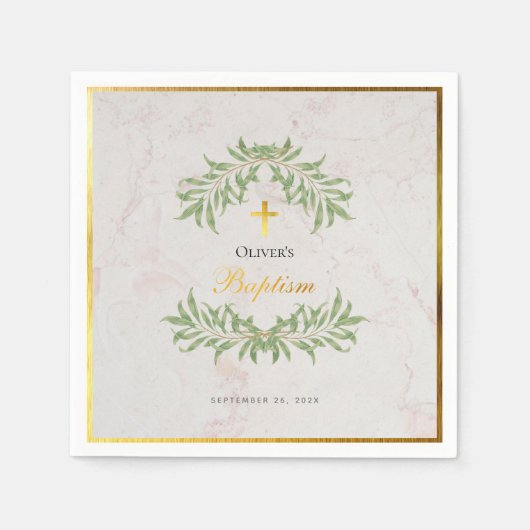 バプテスマ大理石のフェイク葉ゴールドフォイル書道 スタンダードカクテルナプキン (正面)