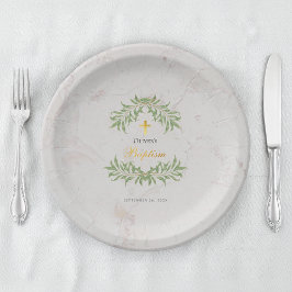 バプテスマ大理石の葉の緑のフェイク金ゴールドスクリプト ペーパープレート
