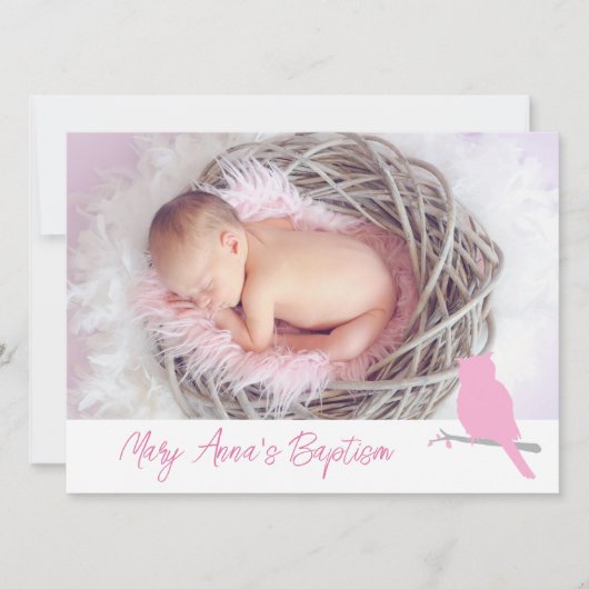 バプテスマ女の子フクロウ鳥の写真招待カード 招待状 (正面)