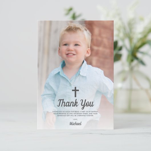 バプテスマ宗教《キリスト教》洗礼式や命名式少年の写真 サンキューカード (スタンド正面)